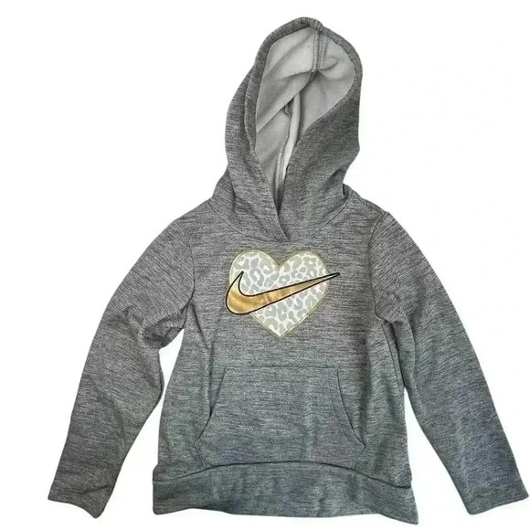 Nike Girls Dri-FIT Hoodie 6-7 Gray Leopard Heart Gold Swoosh Pullover - Picture 1 of 9